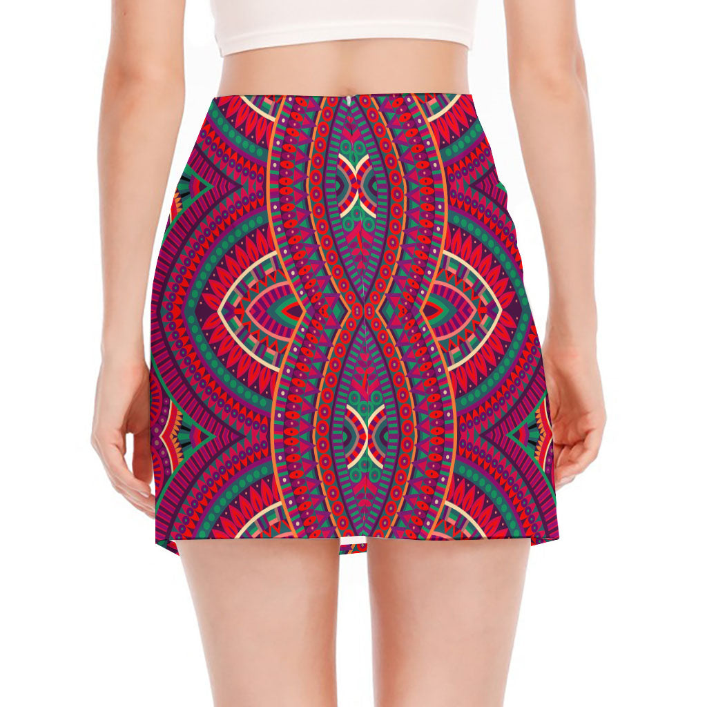 Red Tribal Ethnic Mandala Print Side Slit Mini Skirt