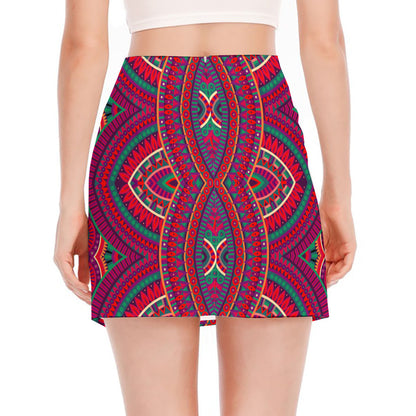 Red Tribal Ethnic Mandala Print Side Slit Mini Skirt