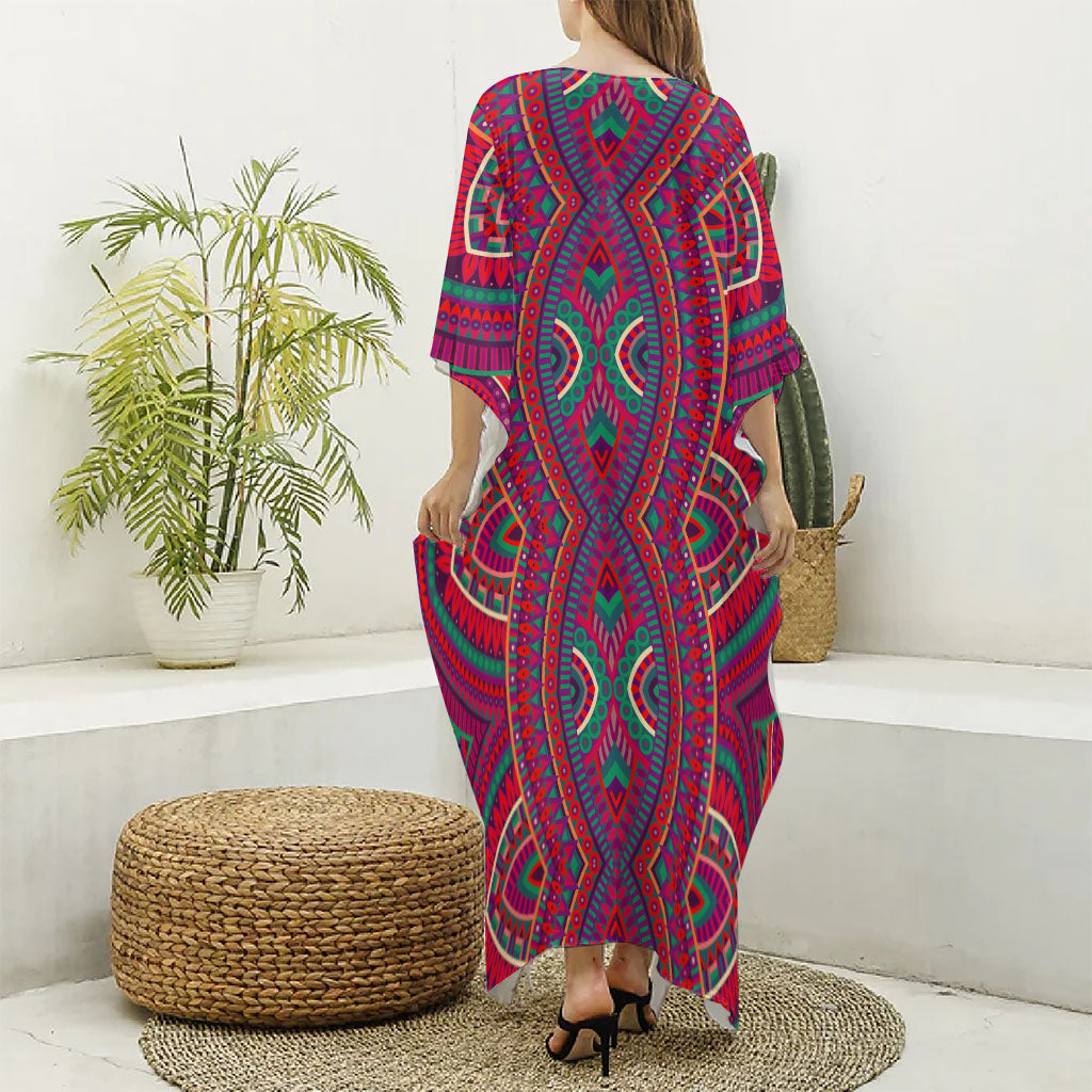 Red Tribal Ethnic Mandala Print Silk V-Neck Kaftan Dress