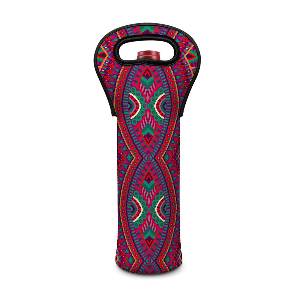 Red Tribal Ethnic Mandala Print Single Neoprene Wine Tote