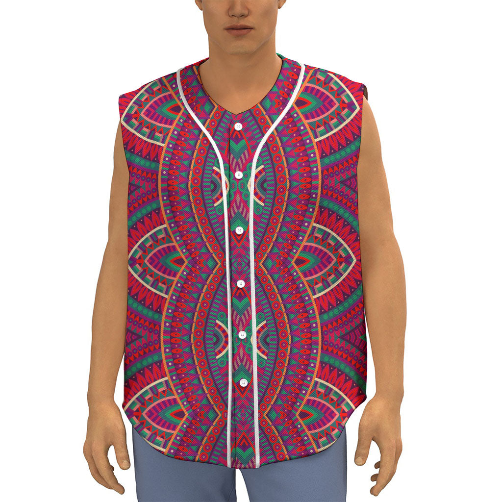 Red Tribal Ethnic Mandala Print Sleeveless Baseball Jersey