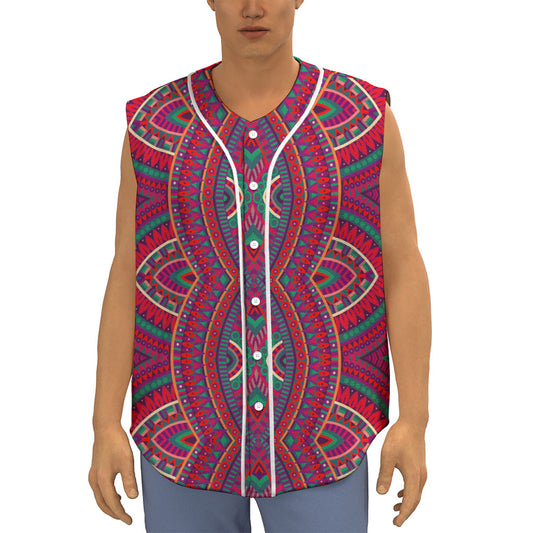 Red Tribal Ethnic Mandala Print Sleeveless Baseball Jersey
