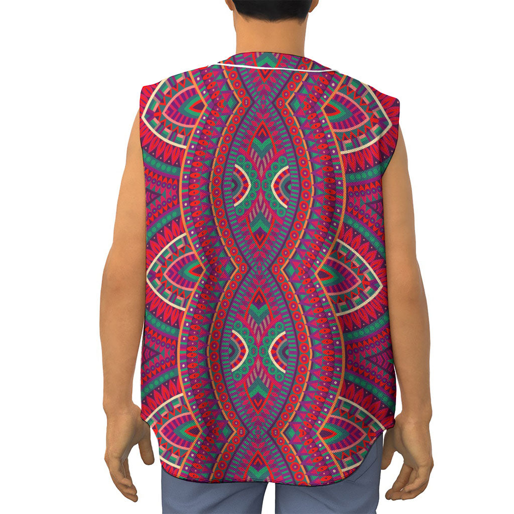 Red Tribal Ethnic Mandala Print Sleeveless Baseball Jersey