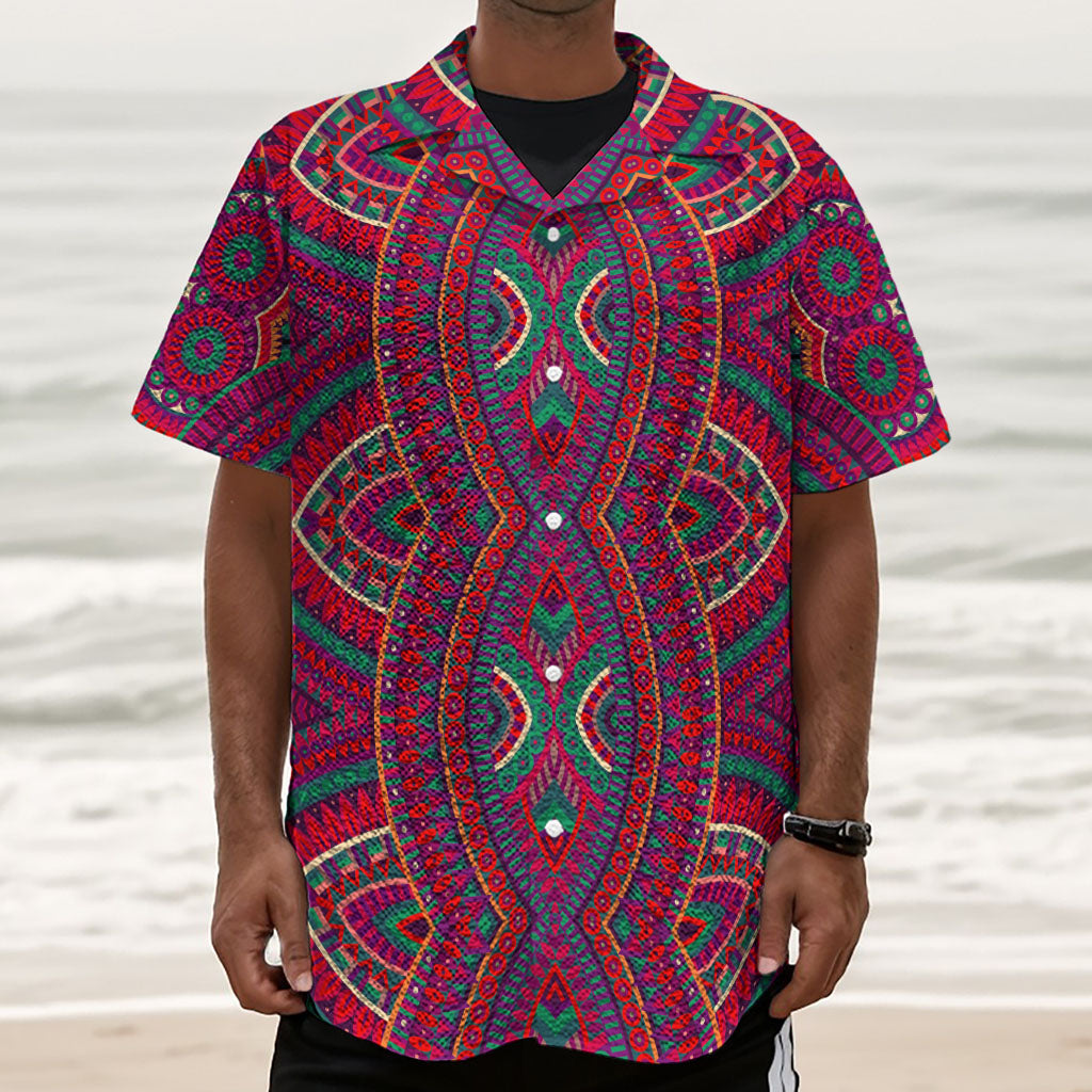 Red Tribal Ethnic Mandala Print Textured Short Sleeve Shirt