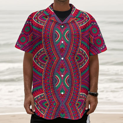 Red Tribal Ethnic Mandala Print Textured Short Sleeve Shirt
