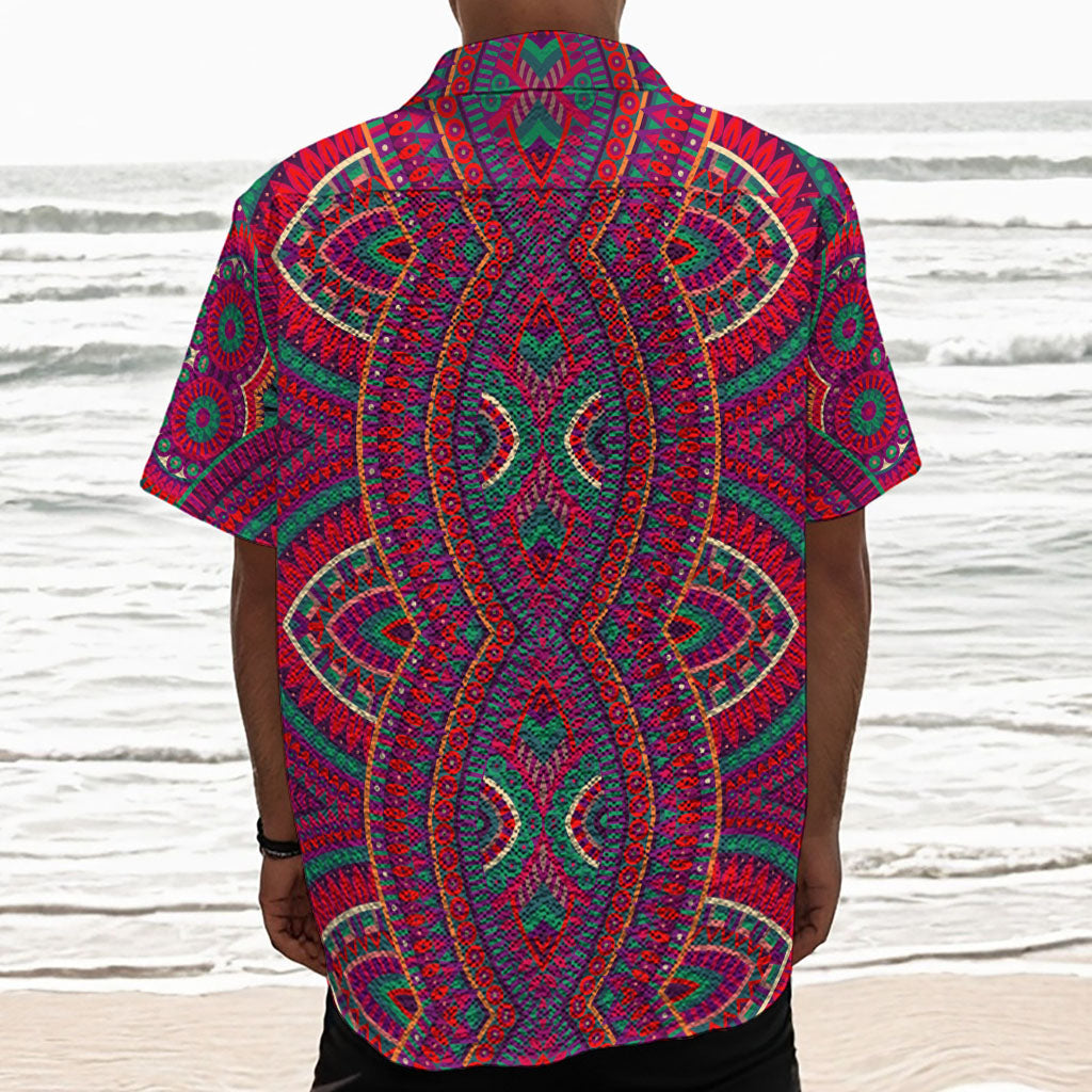 Red Tribal Ethnic Mandala Print Textured Short Sleeve Shirt