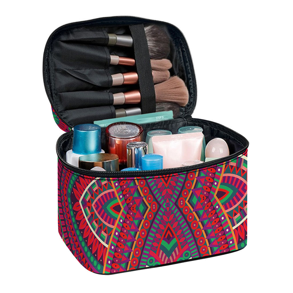 Red Tribal Ethnic Mandala Print Travel Makeup Bag