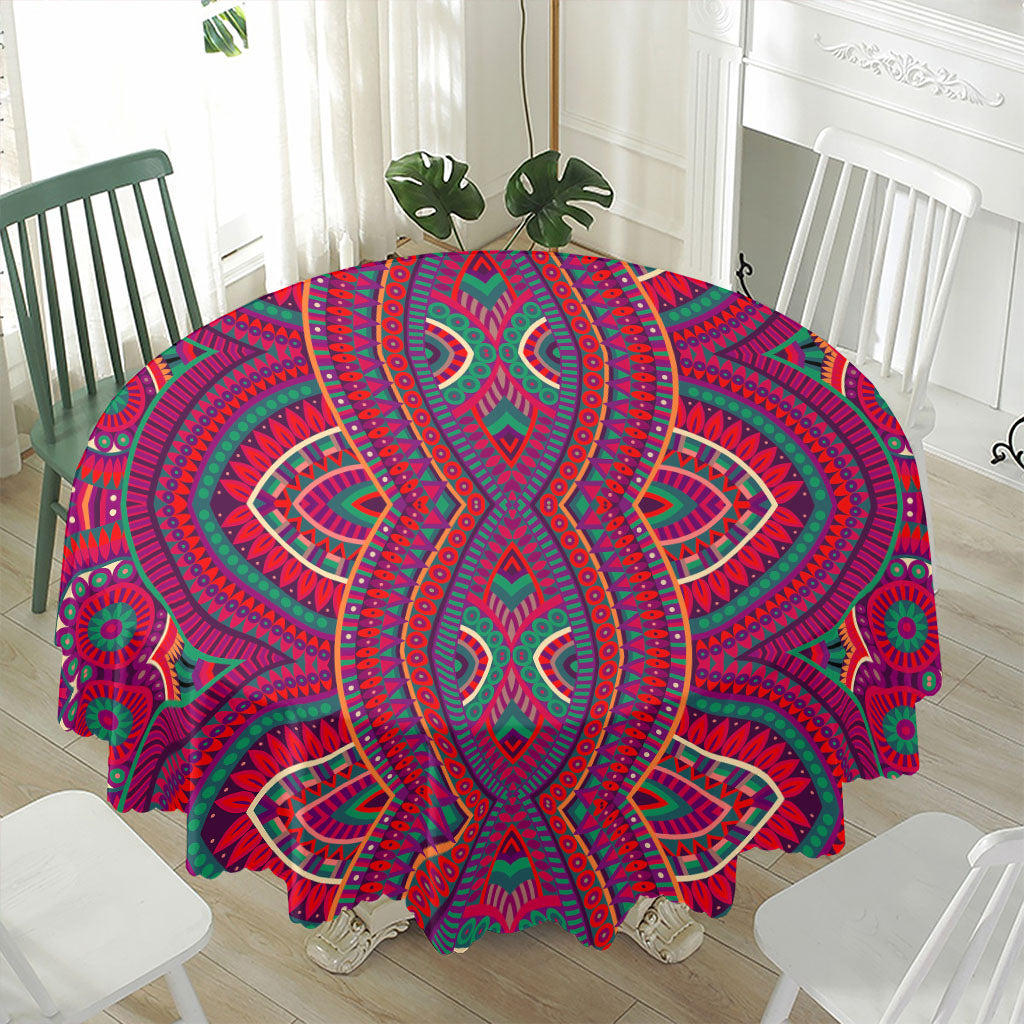 Red Tribal Ethnic Mandala Print Waterproof Round Tablecloth