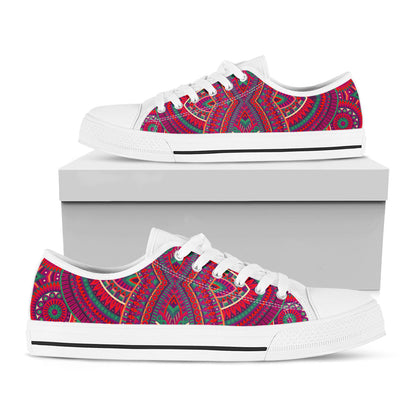 Red Tribal Ethnic Mandala Print White Low Top Sneakers
