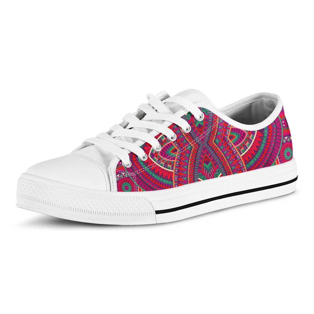 Red Tribal Ethnic Mandala Print White Low Top Sneakers