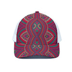 Red Tribal Ethnic Mandala Print White Mesh Trucker Cap