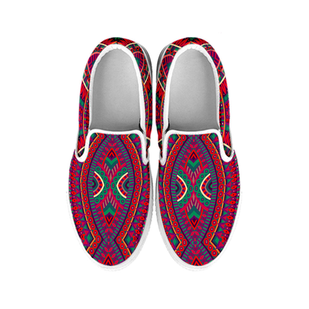 Red Tribal Ethnic Mandala Print White Slip On Sneakers