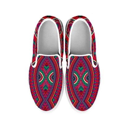 Red Tribal Ethnic Mandala Print White Slip On Sneakers