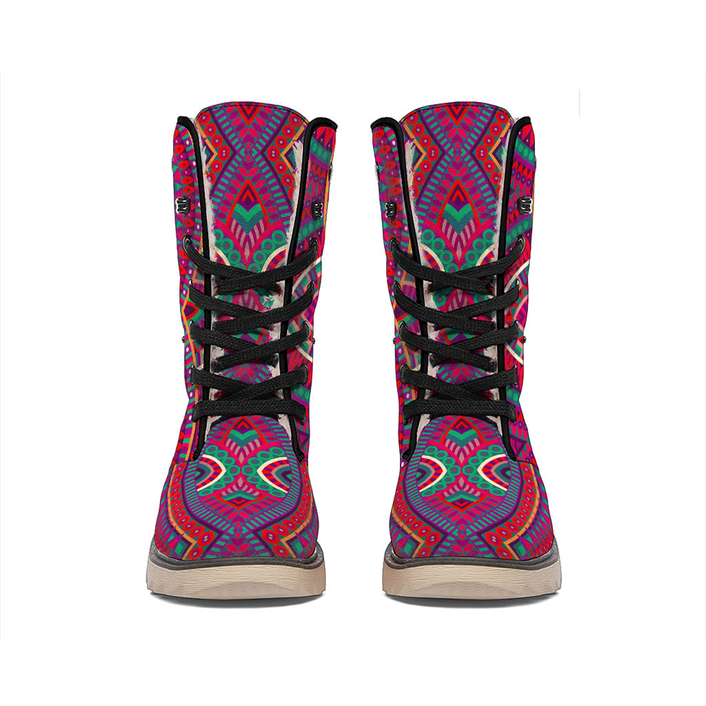 Red Tribal Ethnic Mandala Print Winter Boots