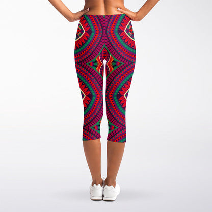 Red Tribal Ethnic Mandala Print Women's Capri Leggings