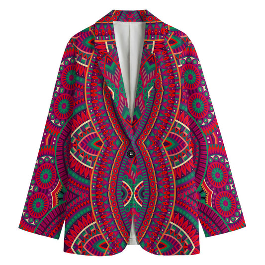 Red Tribal Ethnic Mandala Print Women's Cotton Blazer