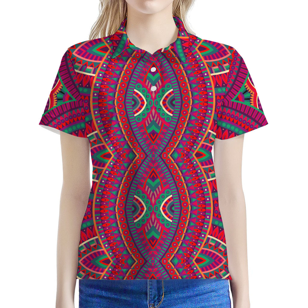 Red Tribal Ethnic Mandala Print Women's Polo Shirt