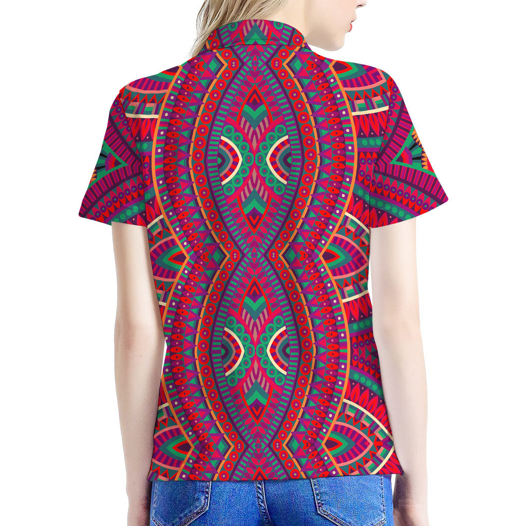 Red Tribal Ethnic Mandala Print Women's Polo Shirt