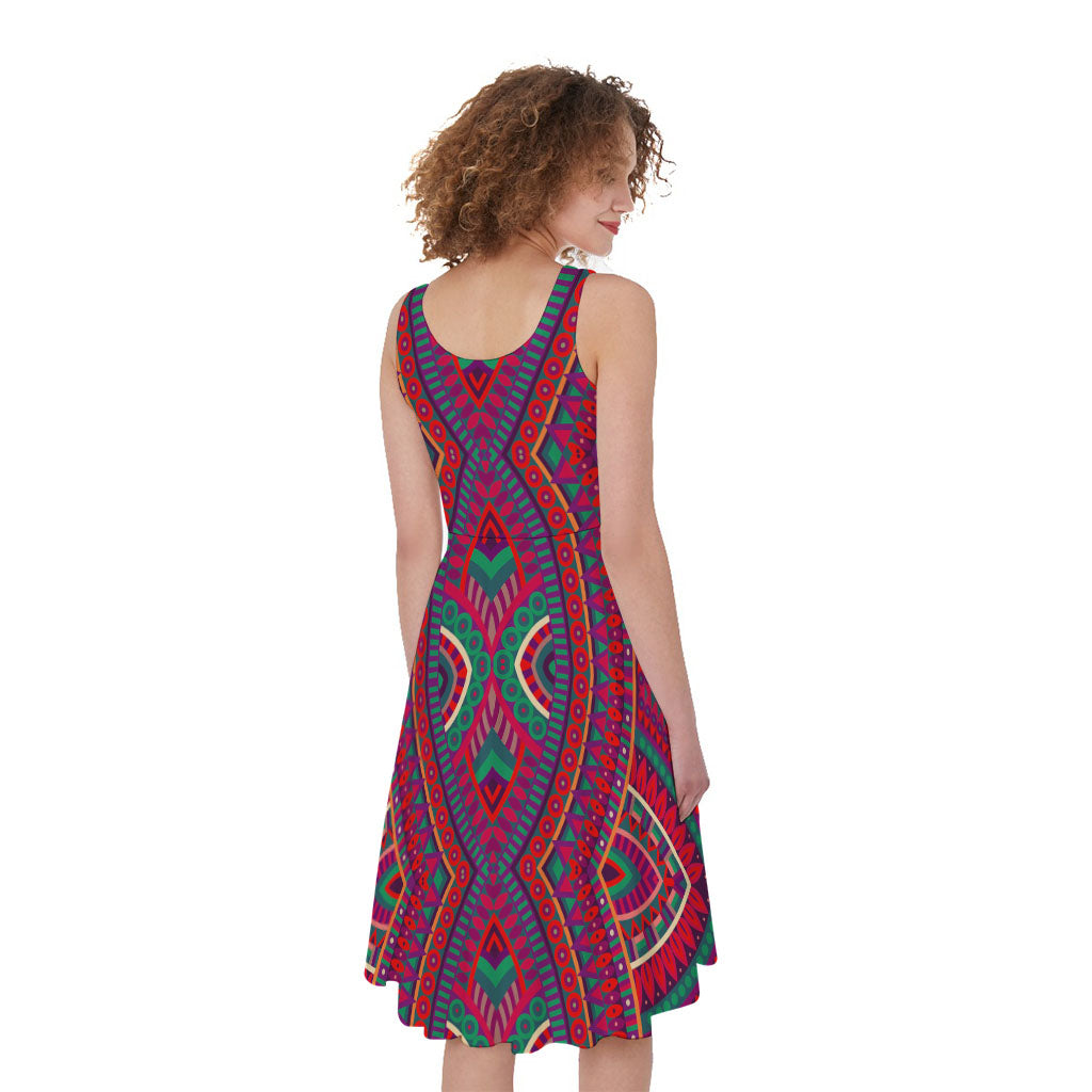 Red Tribal Ethnic Mandala Print Women's Sleeveless Dress