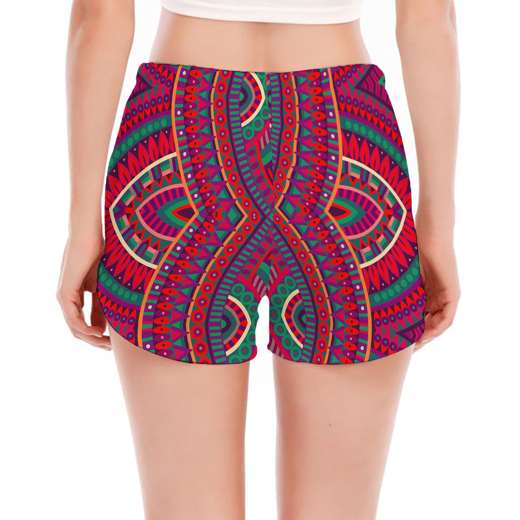 Red Tribal Ethnic Mandala Print Women's Split Running Shorts