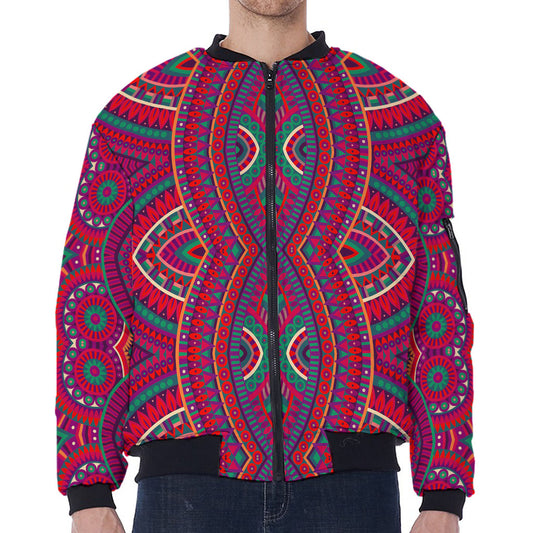 Red Tribal Ethnic Mandala Print Zip Sleeve Bomber Jacket