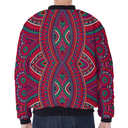 Red Tribal Ethnic Mandala Print Zip Sleeve Bomber Jacket