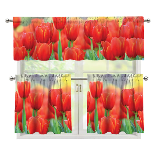 Red Tulip Print 3 Piece Kitchen Curtains
