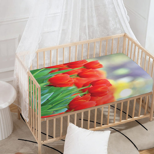 Red Tulip Print Baby Crib Sheet