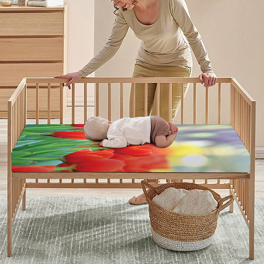 Red Tulip Print Baby Crib Sheet