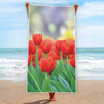 Red Tulip Print Beach Towel