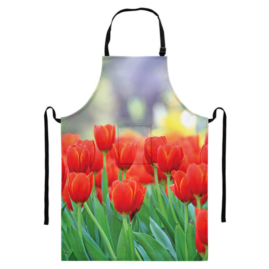 Red Tulip Print Bib Apron With Pocket