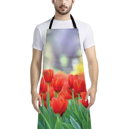Red Tulip Print Bib Apron With Pocket