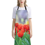 Red Tulip Print Bib Apron With Pocket