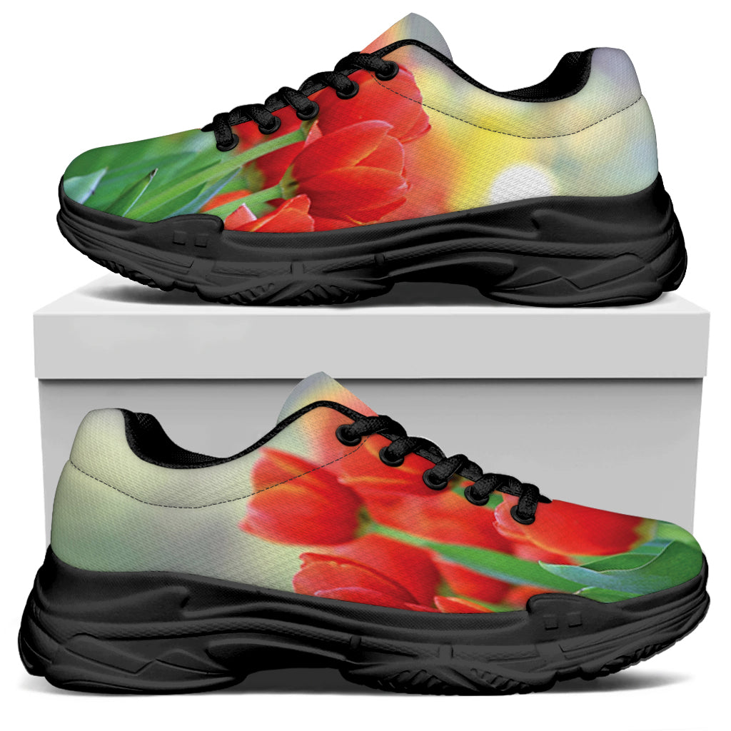 Red Tulip Print Black Chunky Shoes