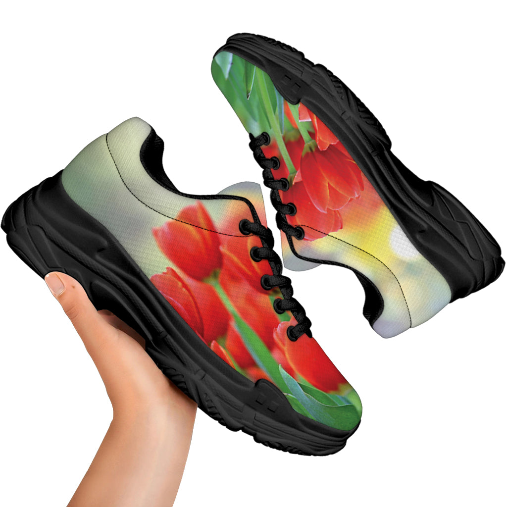 Red Tulip Print Black Chunky Shoes