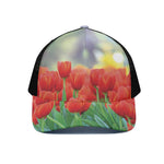 Red Tulip Print Black Mesh Trucker Cap