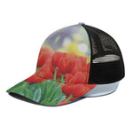 Red Tulip Print Black Mesh Trucker Cap