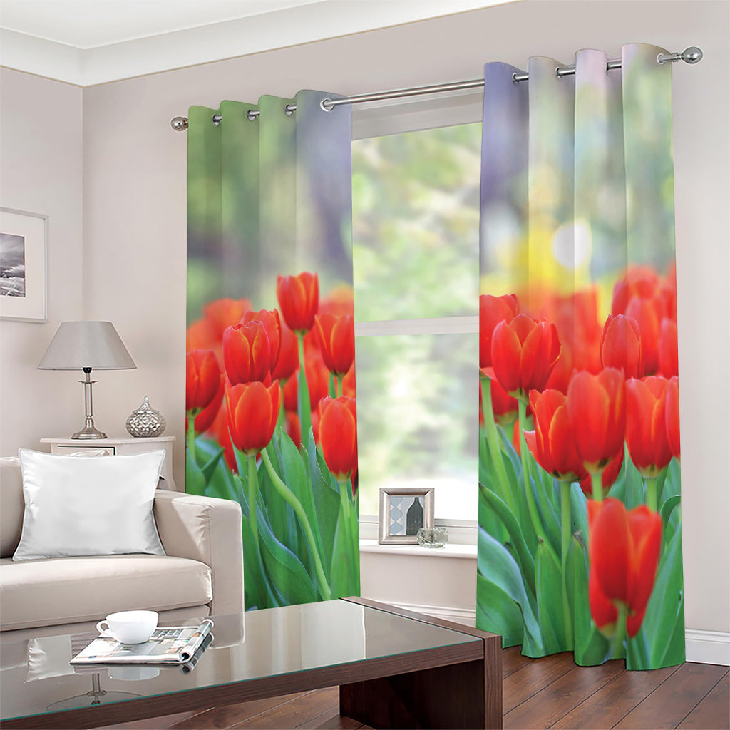 Red Tulip Print Blackout Grommet Curtains