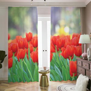 Red Tulip Print Blackout Pencil Pleat Curtains