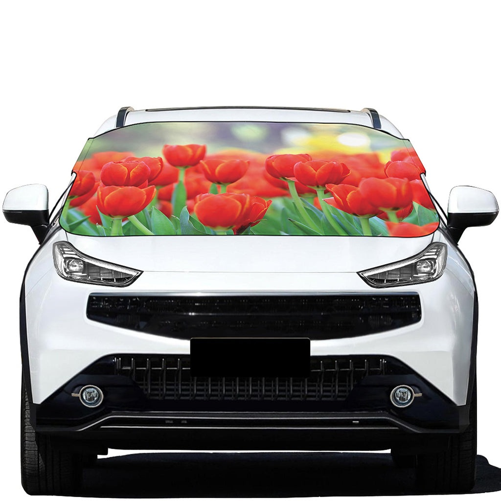 Red Tulip Print Car Windshield Snow Cover