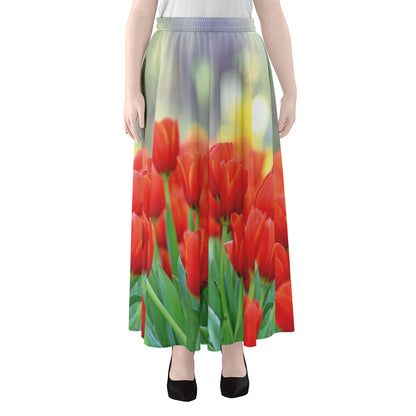 Red Tulip Print Chiffon Maxi Skirt