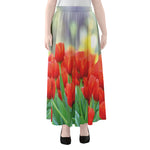 Red Tulip Print Chiffon Maxi Skirt