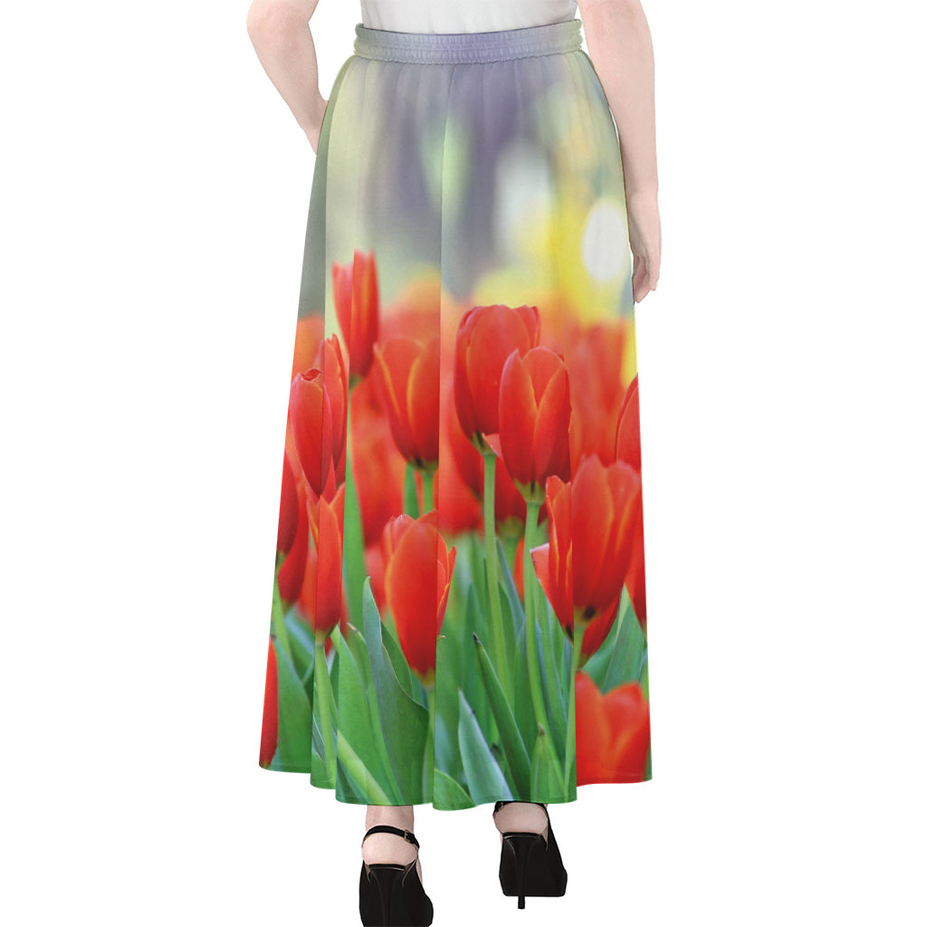Red Tulip Print Chiffon Maxi Skirt