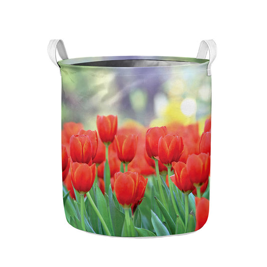 Red Tulip Print Collapsible Laundry Basket