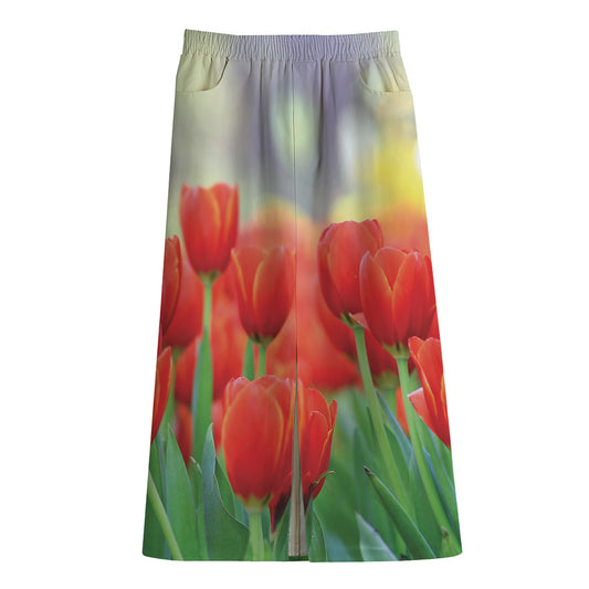 Red Tulip Print Cotton Front Slit Maxi Skirt