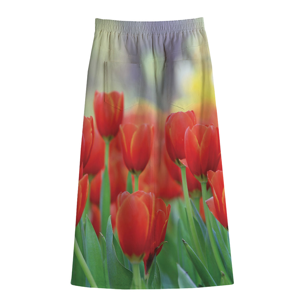 Red Tulip Print Cotton Front Slit Maxi Skirt