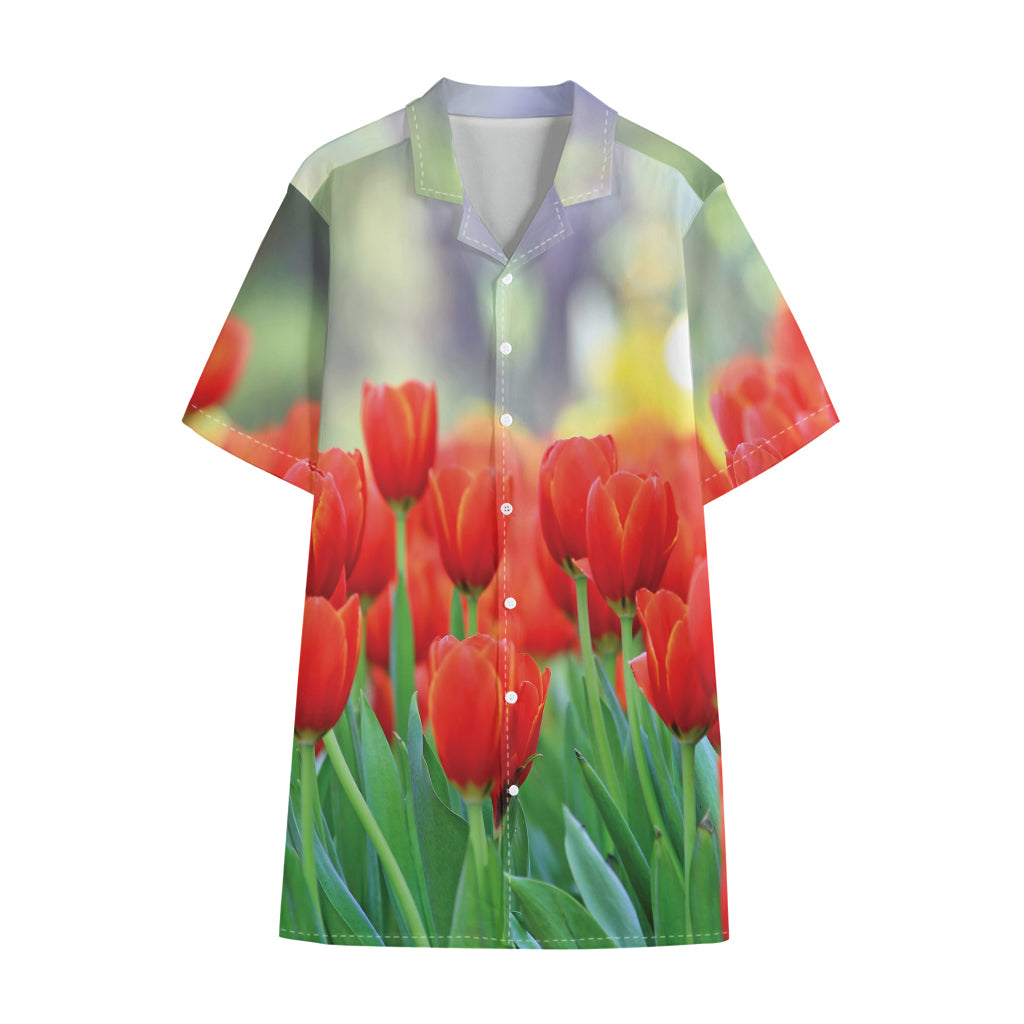 Red Tulip Print Cotton Hawaiian Shirt