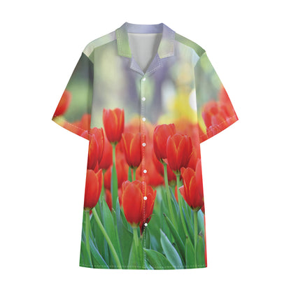Red Tulip Print Cotton Hawaiian Shirt