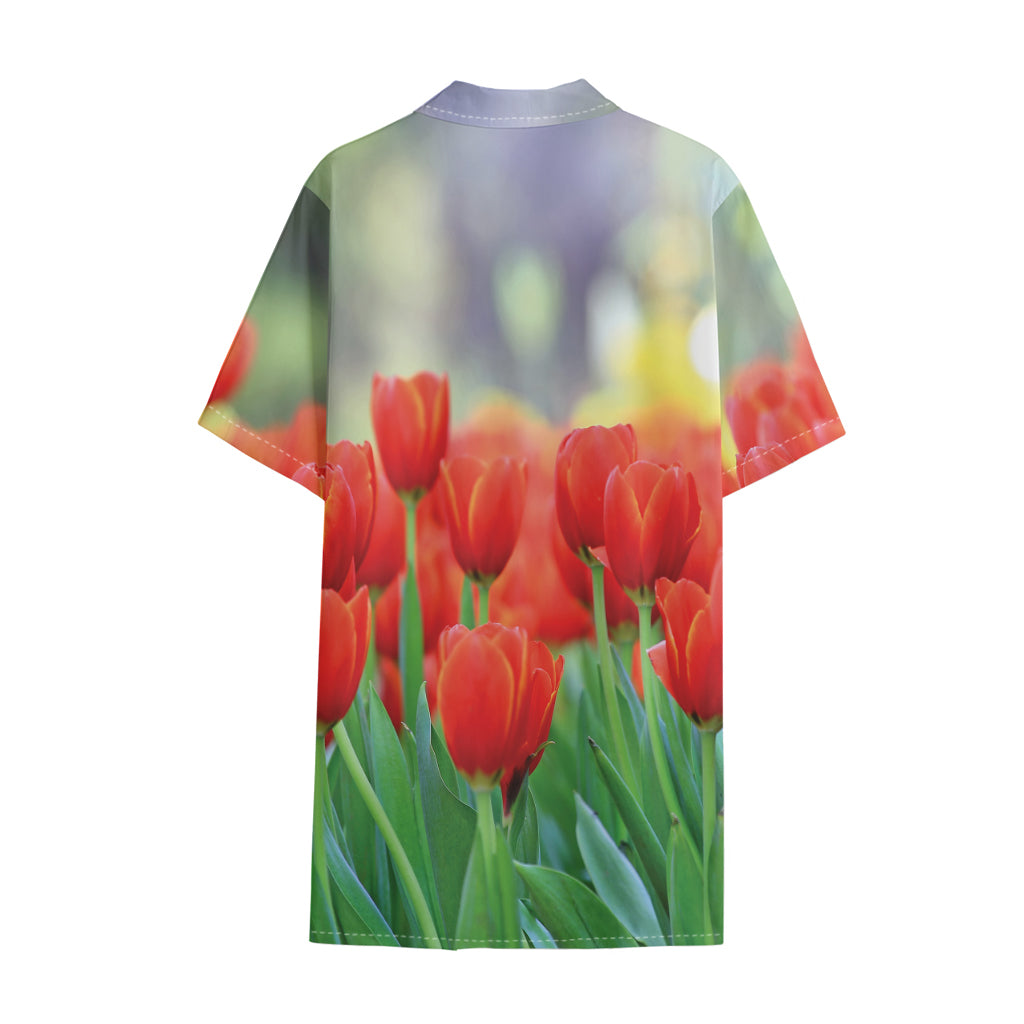 Red Tulip Print Cotton Hawaiian Shirt