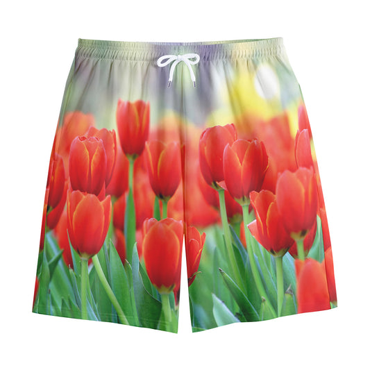 Red Tulip Print Cotton Shorts